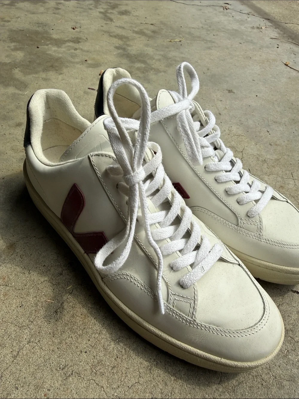 Veja Men's White Leather Sneakers with Burgundy Accent